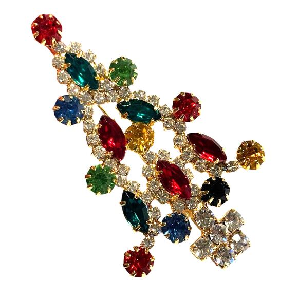 Christmas tree brooch festive holiday pin silver white red & green rhinestones - Picture 2 of 8